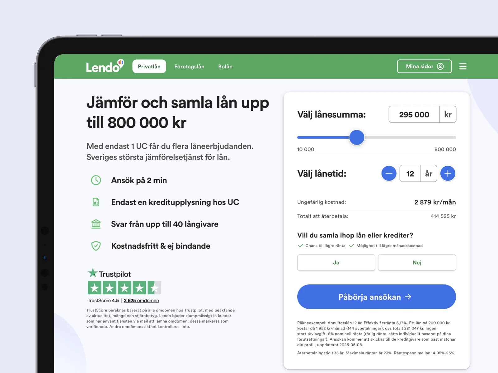Lendos startsida med lånekalkylator på en surfplatta
