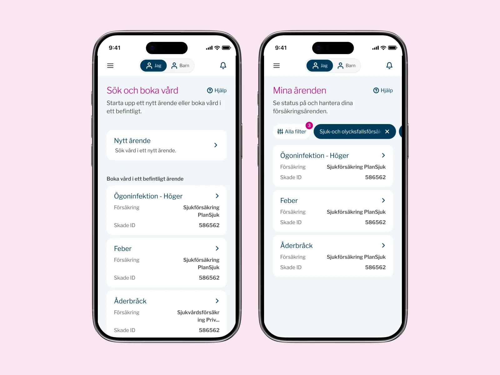 Search and book care, and My cases, in Euro Accident's app