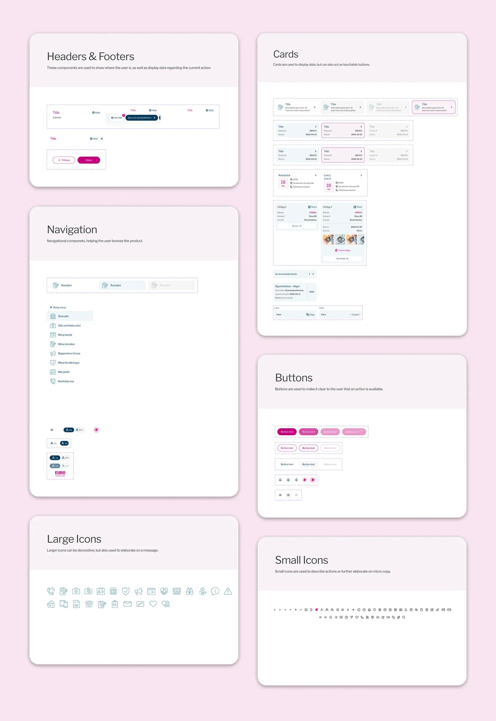 Euro Accident's design system with headers, navigation, cards, buttons and icons