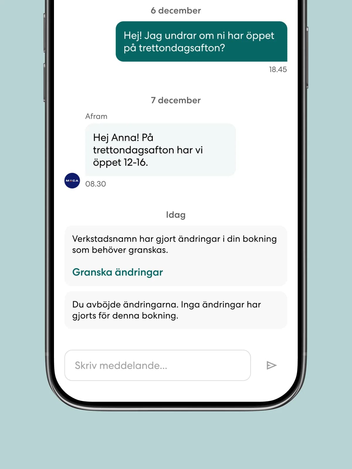 Meddelanden mellan kund och verkstad i Radeitos app