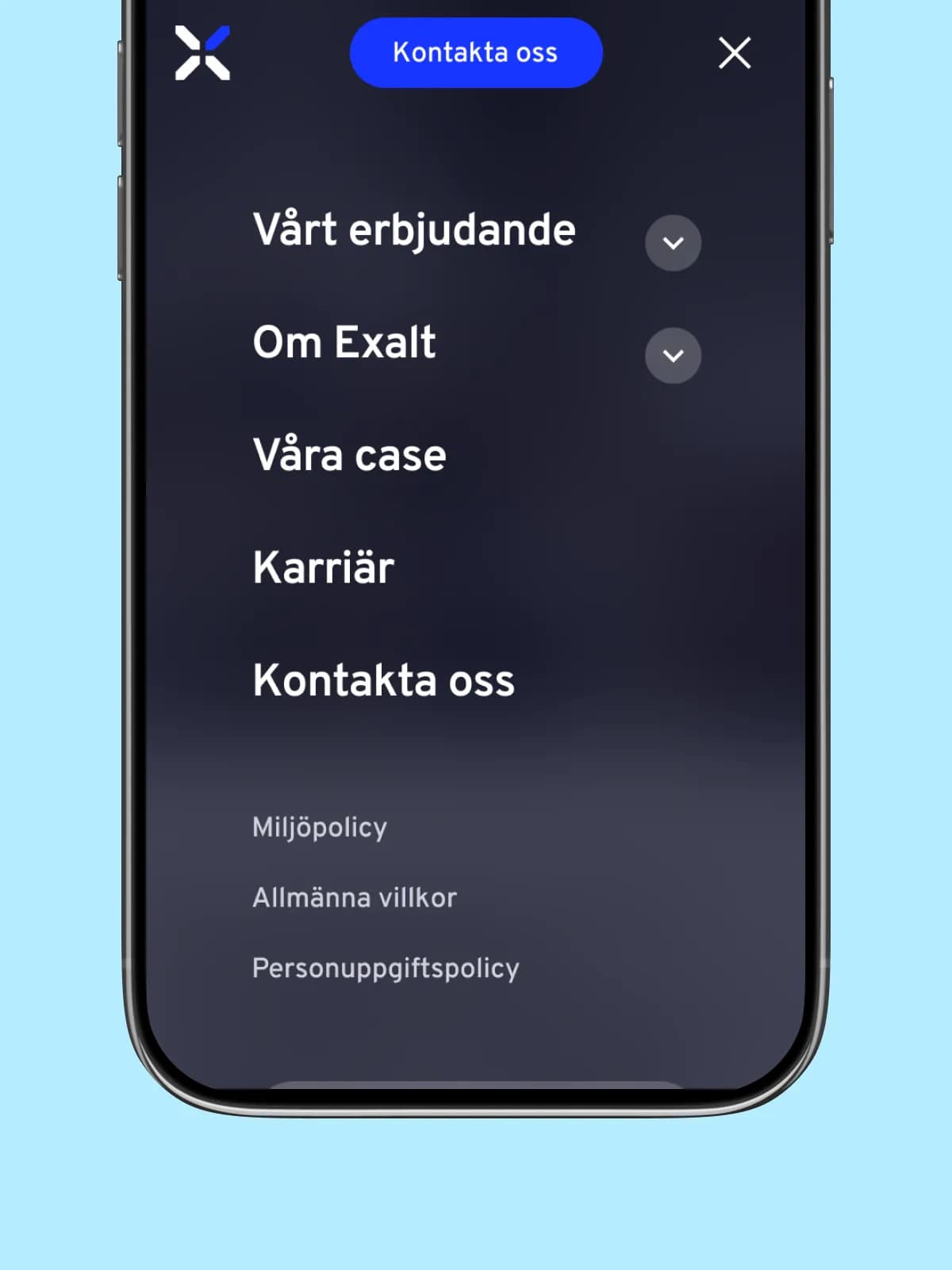 Exalts nya webb med menyn öppen i mobilen