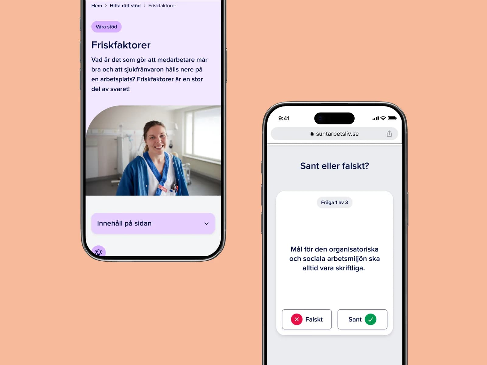 Sidan om friskfaktorer och frågesporten Sant eller falskt på Suntarbetslivs webb i mobilen
